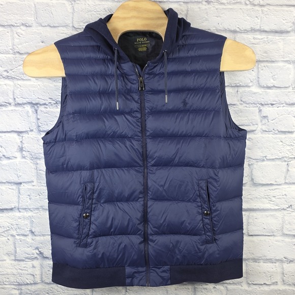 Polo Ralph Lauren Men Navy Blue Performance Hooded Vest Puffer Full Zip Sz Large - Picture 2 of 7